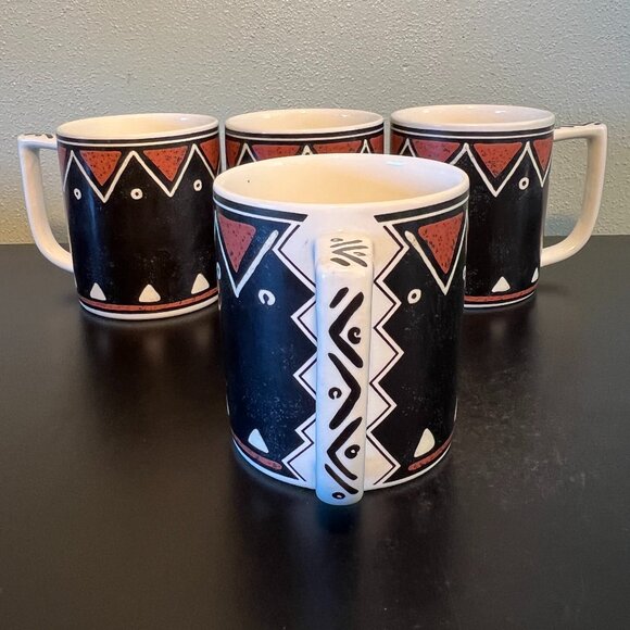 Set of 4 Vintage MIKASA Fashion Plate MOZAMBIQUE Pattern Tribal Art Ceramic Mugs - Picture 8 of 13